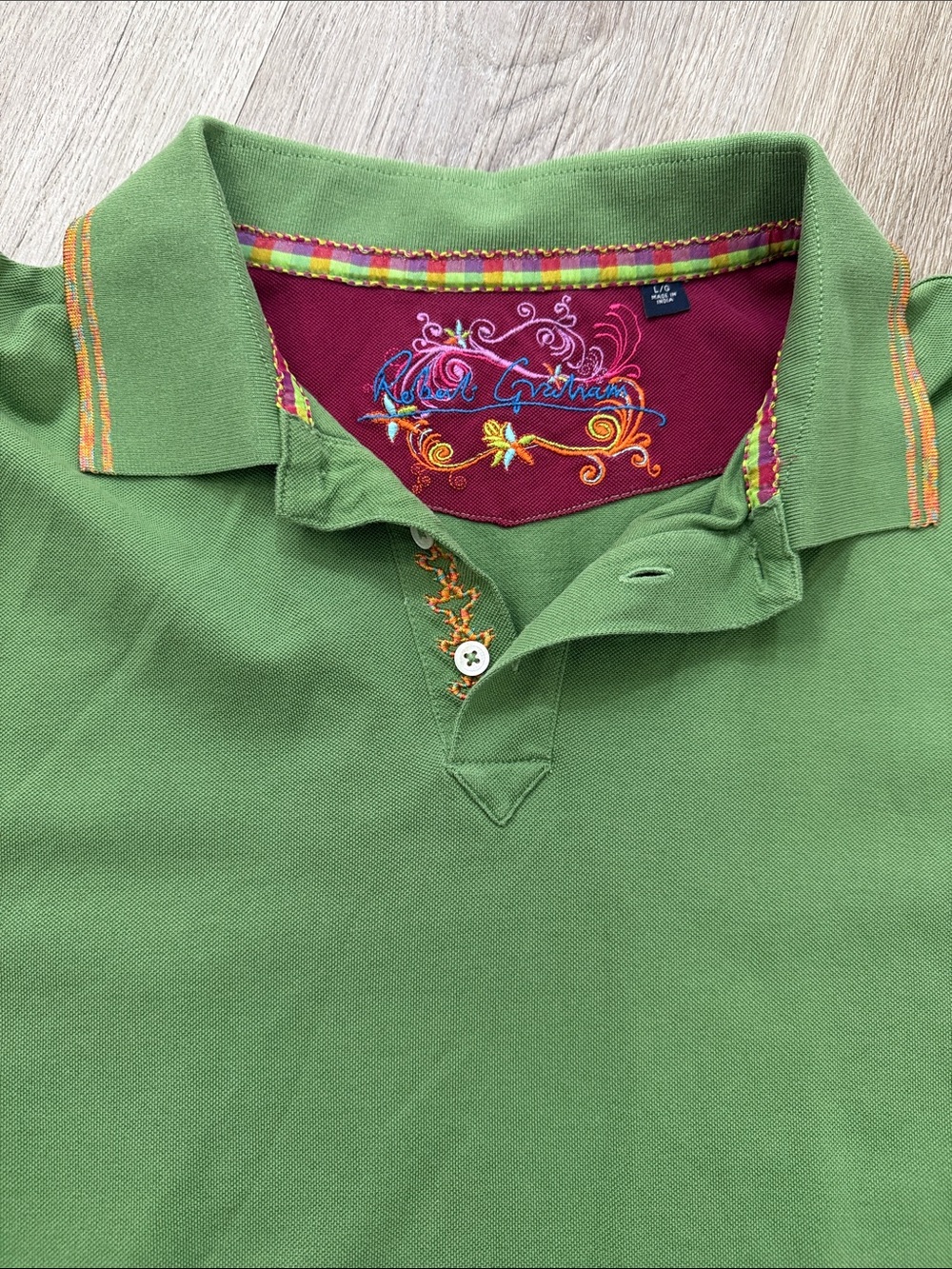 Robert Graham Green Embroidered Polo Shirt with Colorful Trim - Picture 3 of 6
